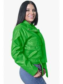 Chamarra Chaqueta Cazadora Mujer Piel Sintetica Peluche Interno Cremallera y Botones Bolsas de Cartera Cinturon Ajustable Moda - Verde - Ver 2
