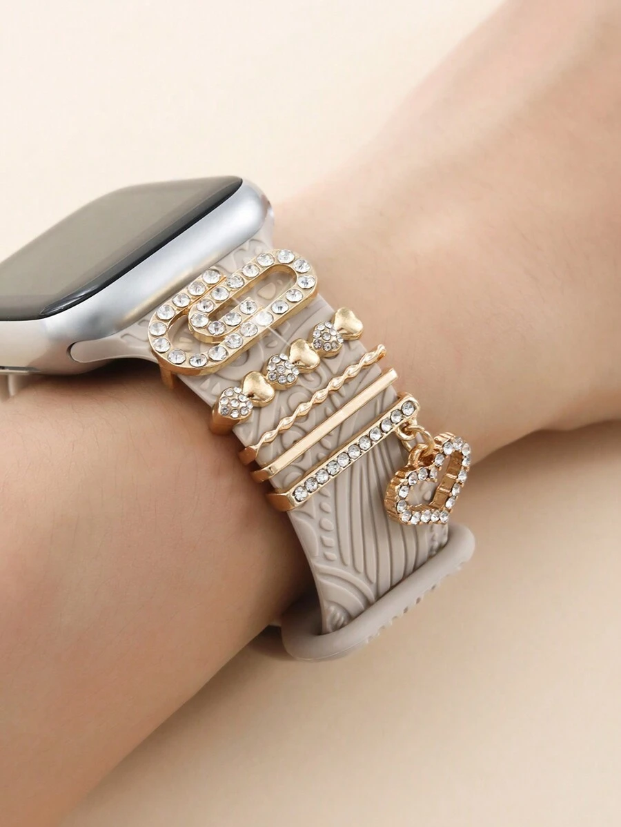 5pcs Luxurious Rhinestone Alloy Band Clasp, Hollow Heart Shaped Pendants, Silicone Watch Band Accessories (Watch Band Not Included) Valentines