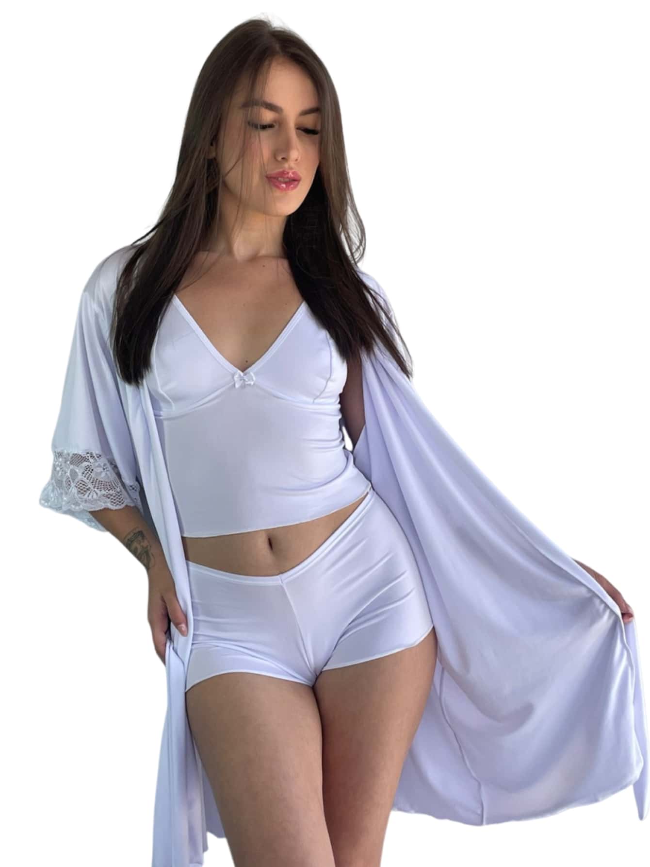 Charme Dela's Luxury Lace Robe With Polyamide Kimono Tie - White - View 1