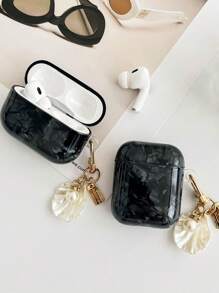 1pc Premium Shell Pattern + Faux Pearl Hanging Chain Earphone Case Compatible With Apple 2/3/4/Pro/Pro 2/Pro 3, Shockproof Protective Cover - Black - View 5