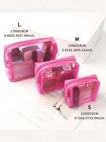 Set di 3 borse trucco in rete trasparente rosa, inclusa una custodia grande per il trucco, una pochette piccola per rossetti e una borsa da toilette da viaggio media, organizzatore da viaggio per trucco e cosmetici, articoli essenziali trasparenti, con zip, accessori per unghie