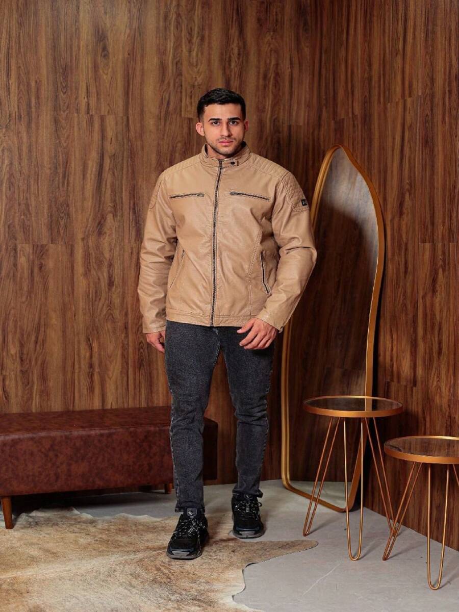Men's Leather Jacket - Màu be - Xem 1