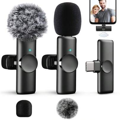 2pcs Wireless Lavalier Microphone, Professional Recording Wireless Microphone, Compatible With PC, IOS, Android, IPad, Suitable For Recording Interviews, Videos, Podcasts, Compact And Lightweight, Wireless Microphone For PC, IOS, Android, Can Be Used For Vlog Recording, Live Streaming - Black, 50mAh