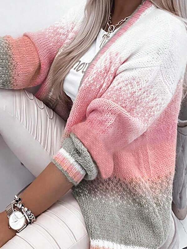 New Autumn And Winter Fashionable And Casual Color Block Splicing Design Long-Sleeved Women's Cardigan