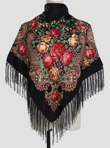 1 件女士涤纶花卉印花波西米亚风格方形围巾带流苏，多用途时尚头巾和披肩配饰女士情人节情人 - 黑色 - 查看 11