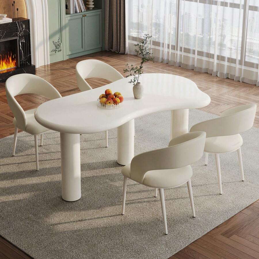 62.2" Irregular Dining Table Set With 4/6 Chairs, Modern Cream White Kitchen Table, Indoor Office Table For Dining Room, Office, Easy Assembly, Guyii - 白色 - 查看 1