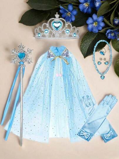 סט של 7 חתיכות של כתר נסיכת קרח ושלג לילדות, כפפות, שרביט קסמים ושרשרת, מתאים לגילאים (3-14), ארבע עונות, מסיבות יום הולדת לילדות, אביזרי לבוש לנסיכות הופעה, מה שהופך אותה לבחירה אידיאלית למתנות לילדות