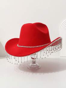 1pc Women's Solid Color Crystal Rhinestone Tassel Cowgirl Western Hat For Travel, Party, Festival, Casual, Wedding, Daily Wear Skull Skeleton Halloween - Multicolor - View 11