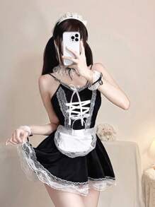 6 件套女式性感角色扮演女仆装，包含迷你裙，不含丝袜，适合狂欢 - 黑與白 - 查看 3