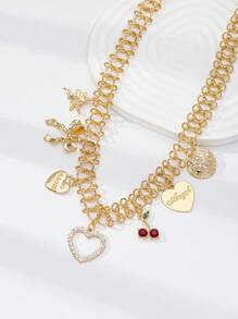 1pc Heart-Shaped Cherry Bow Pendant Necklace, Women's Valentine's Day Multi-Pendant Necklace - Gold - View 2