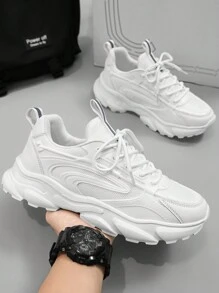 Men's Solid Color Lace-Up Thick Sole Casual Sneakers - White - View 2