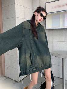 超大号破洞复古牛仔连帽衫，美式设计 - 藍色 - 查看 3