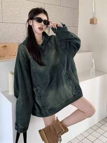 超大号破洞复古牛仔连帽衫，美式设计 - 藍色 - 查看 5