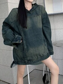 超大号破洞复古牛仔连帽衫，美式设计 - 藍色 - 查看 2