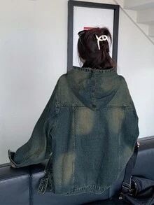 超大号破洞复古牛仔连帽衫，美式设计 - 藍色 - 查看 4