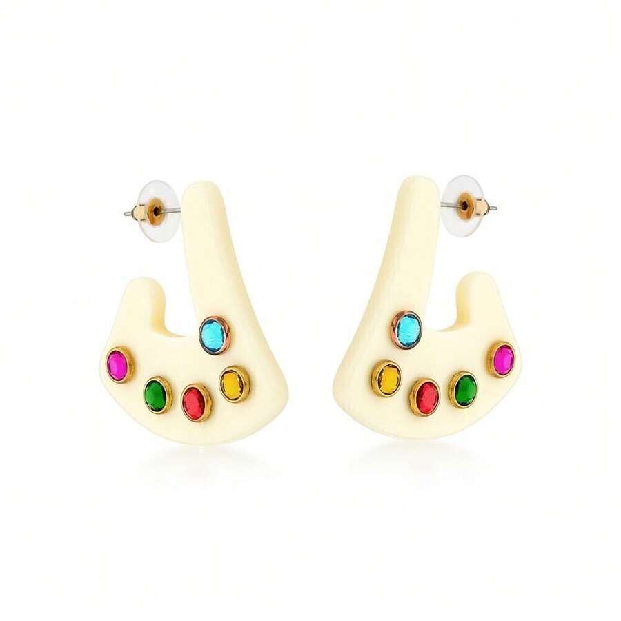 White Colored Earring With Colored Stones - 白色 - 查看 1