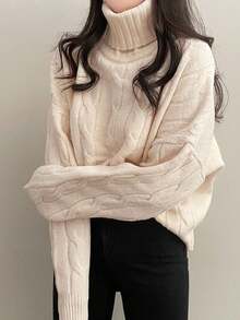 休閒麻花紋純色女士毛衣 - 杏色 - 查看 5