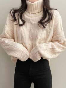 休閒麻花紋純色女士毛衣 - 杏色 - 查看 4