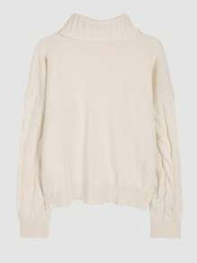 休閒麻花紋純色女士毛衣 - 杏色 - 查看 3