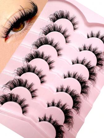 7 Pairs Cat Eye Fox Style 3D Natural Look Curly Wing False Eyelashes, Transparent Stem, For Cosplay, Anime, Comics, 3D Fluffy Little Devil Beautiful Eye Eyelash Extension Tool