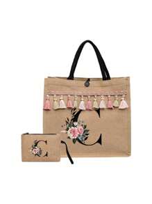 2 件/套简约花朵首字母 A-Z 印花亚麻手提包，粉色流苏，亚麻包，包括一个手提包和一个零钱包，简约旅行包，化妆品钱包，大容量旅行化妆包日常使用、约会、生日、度假、返回学校、度假、海滩、旅行、通勤、商务、学生、野餐、露营、超市、日常收纳，（小包手带方向随机），圣诞节最佳教师礼物 - 卡其色 - 查看 36