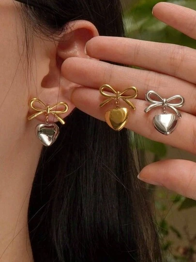 1 套/2 件甜美可爱蝴蝶和心形混合不锈钢吊坠耳环，适合女性日常佩戴或派对，非常适合情人节礼物、妈妈、母亲、母亲节、礼物