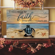 1PC, Sea Turtle Painting Sand Beach I Will Walk By Faith Landscape Canvas, Wall Art Canvas, Wall Art Artwork Home Decor, Bedroom Living Room Bathroom, Creative Small Gift, Holiday Accessory, Birthday Supplies, Party Decorations Supplies