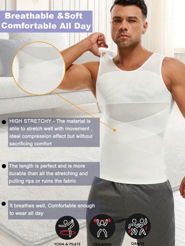 1 pièce Gilet moulant d'été pour hommes pour activités de plein air. Soutien-gorge fin avec poitrine et abdomen moulés, mailles à haute élasticité, confortable et respirant, absorbant la transpiration, tissu à haute élasticité, n'entrave pas les mouvements des activités de fitness. Convient à tous les hommes pour l'été : fitness, course, basket-ball, football, camping, alpinisme, travaux domestiques quotidiens et autres accessoires de sport de salle de gym pour ceintures amincissantes, ceintures lombaires pour corset amincissant