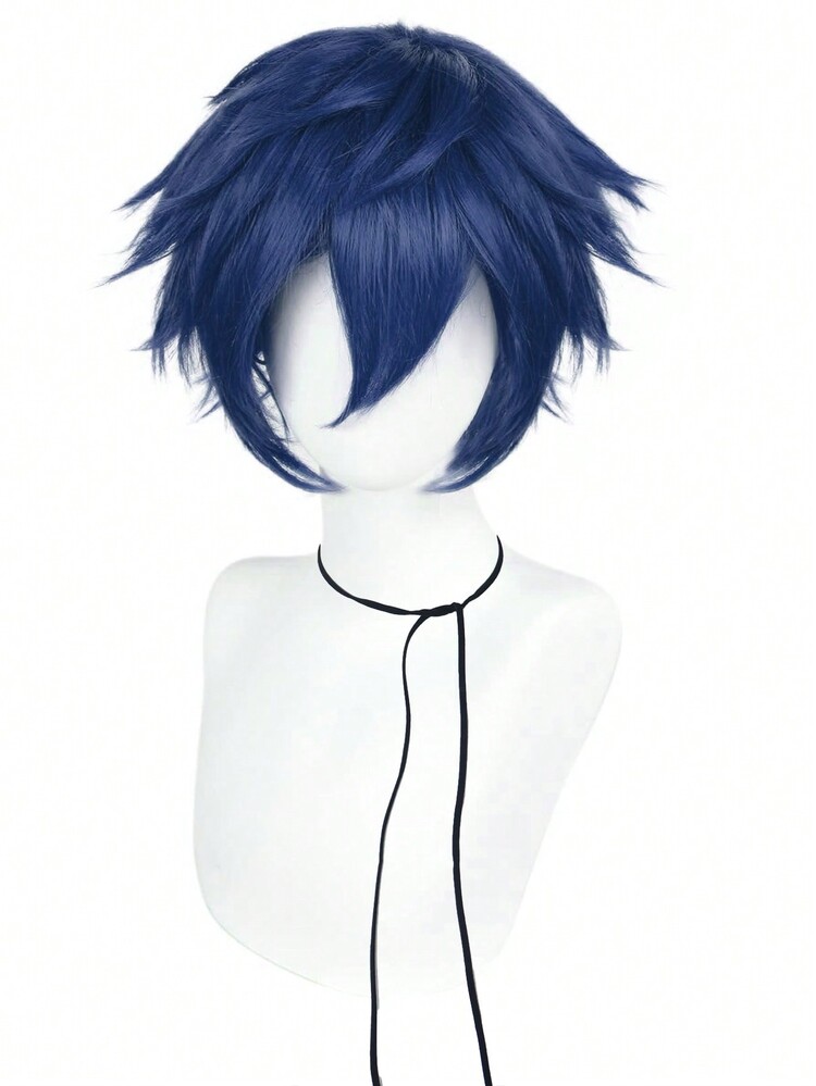 Peluca azul medianoche de 12 pulgadas para hombre, cabello corto en capas con puntas en pico, recto, tipo bob azul, para hombre apuesto, cosplay de anime cool, con flequillo, de fibra sintética resistente al calor, para uso diario, fiesta, disfraces, regalos de cumpleaños, decoraciones navideñas, incluye 1 gorro de peluca - requiere peinado por  mismo - azul real - Ver 3