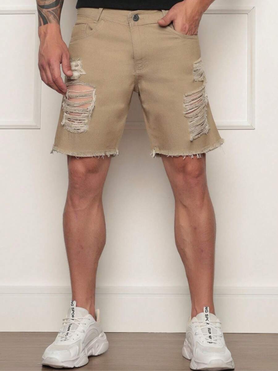 Men's Short Ripped Bermuda Jeans Various Colors - 米色 - 查看 1