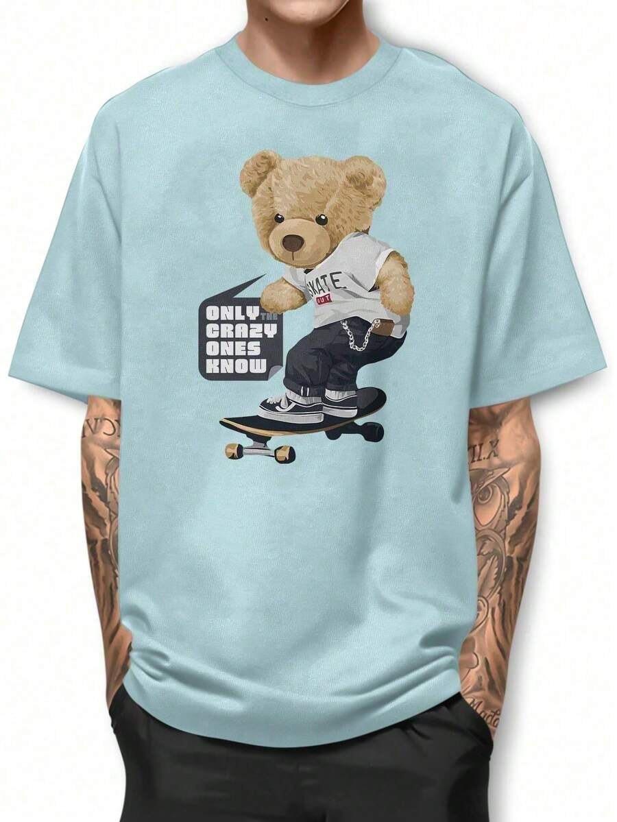 Basic T-Shirt Skate Bear Crazy One 100% Cotton Shirt GPJ1 - 淺藍色 - 查看 1