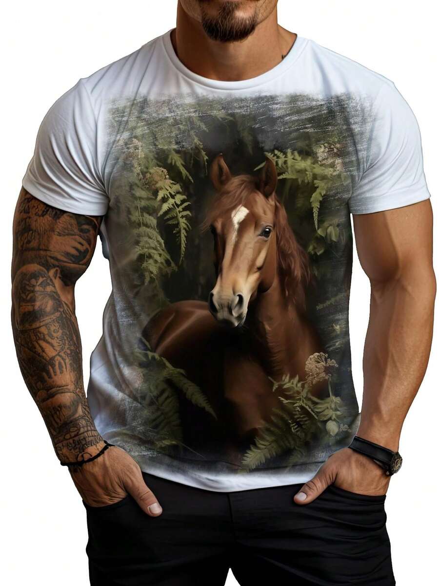 Men's Sublimated Blouse Shirt Brown Forest Horse - 白色 - 查看 1