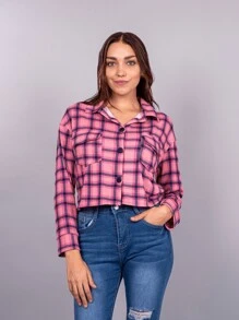 Camisa vaquera a cuadros para Mujer botones - Rosa Fucsia - Ver 2