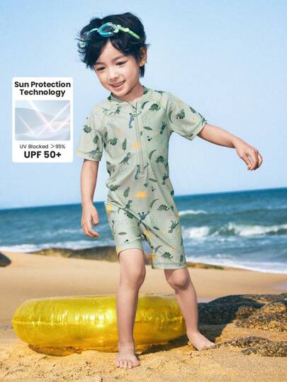 Balabala Boys Summer Cute Dinosaur World Cartoon Printed Stretch Kids One Piece Swimsuit Green