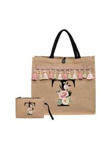 2 件/套简约花朵首字母 A-Z 印花亚麻手提包，粉色流苏，亚麻包，包括一个手提包和一个零钱包，简约旅行包，化妆品钱包，大容量旅行化妆包日常使用、约会、生日、度假、返回学校、度假、海滩、旅行、通勤、商务、学生、野餐、露营、超市、日常收纳，（小包手带方向随机），圣诞节最佳教师礼物 - 卡其色 - 查看 54