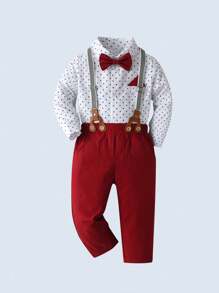 BOARNSEORL 3 件套男婴绅士服装套装：长袖衬衫配领结、工装裤和帽子，时尚浪漫，适合生日派对、除夕夜、满月、1 岁生日、圣诞节 - 紅色 - 查看 4