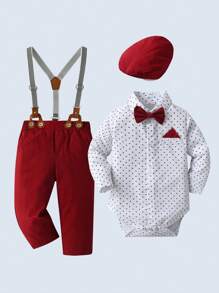 BOARNSEORL 3 件套男婴绅士服装套装：长袖衬衫配领结、工装裤和帽子，时尚浪漫，适合生日派对、除夕夜、满月、1 岁生日、圣诞节 - 紅色 - 查看 2