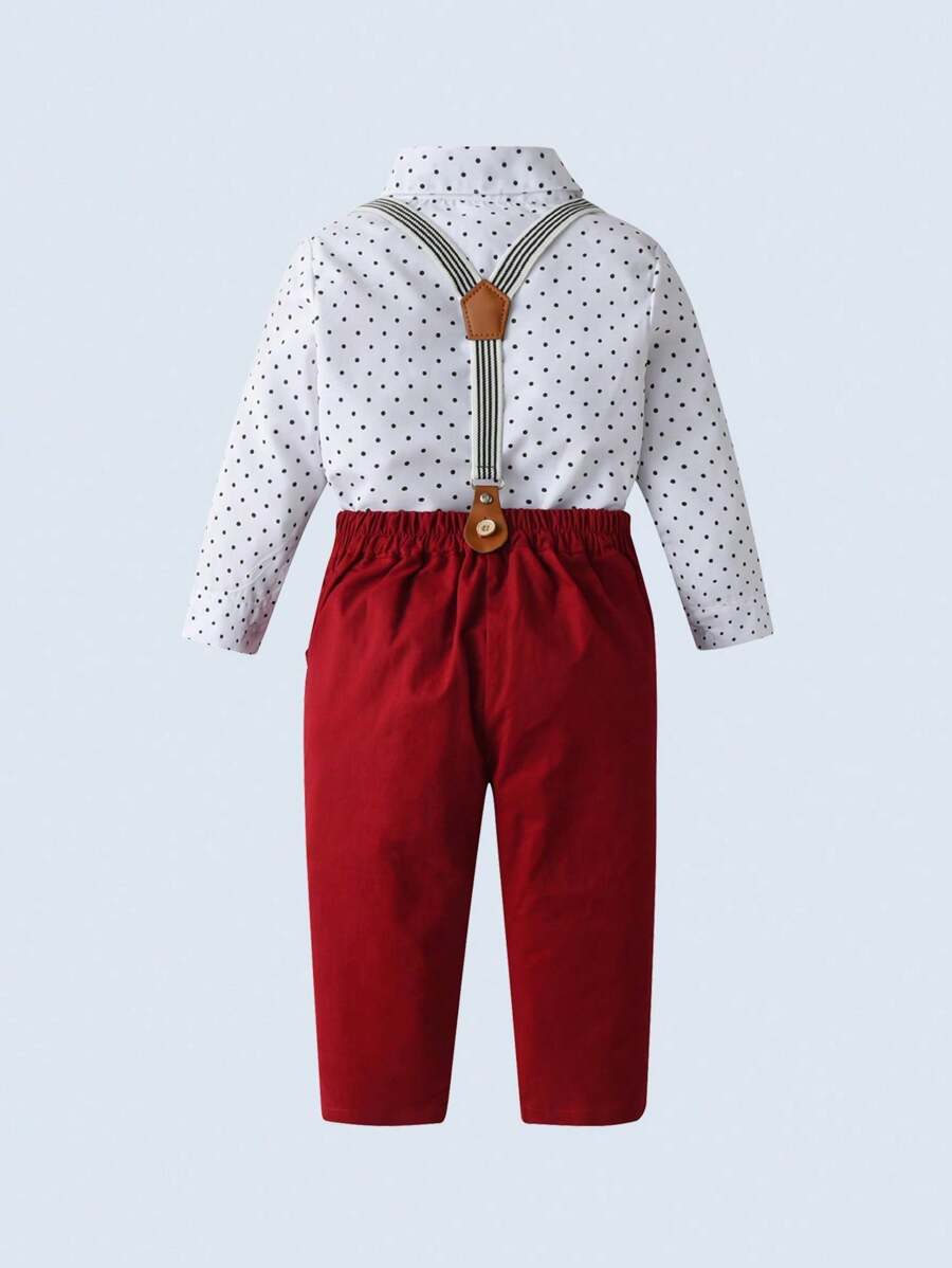 BOARNSEORL 3 件套男婴绅士服装套装：长袖衬衫配领结、工装裤和帽子，时尚浪漫，适合生日派对、除夕夜、满月、1 岁生日、圣诞节 - 紅色 - 查看 1