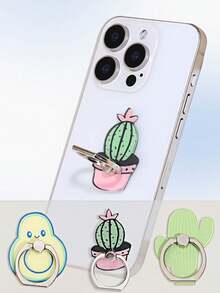 Soporte anular adhesivo para teléfono con diseño de planta de dibujos animados de cactus y aguacate - multicolor - Ver 2