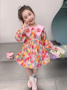 Young Girl Long Sleeve Dress, Cute French Style Flower Pattern Kid's Clothing, Children's Apparel, Suitable For Spring/Autumn