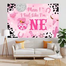 1 件粉色西部女牛仔主题派对背景横幅，210 * 150cm/150 * 100cm/100 * 75cm 粉色奶牛印花迪斯科派对背景布适用于生日派对装饰、拍照亭、蛋糕桌、卧室、客厅墙壁装饰