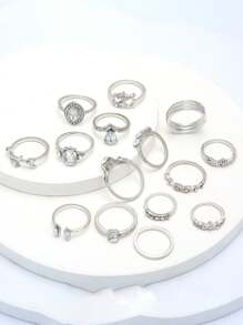 15 件/套开口戒指镂空心形水钻首饰戒指套装情人节、妈妈、母亲、母亲节、礼物