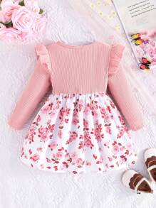 2 peças Vestido de Manga Longa com Laço Decorativo e Estampa de Listras e Rosas, Elegante para Meninas, Verão - Rosa chiclete - Visão 3