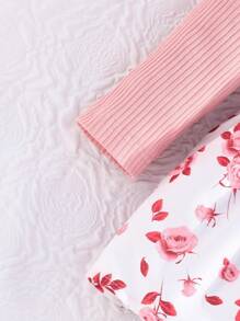 2 peças Vestido de Manga Longa com Laço Decorativo e Estampa de Listras e Rosas, Elegante para Meninas, Verão - Rosa chiclete - Visão 6