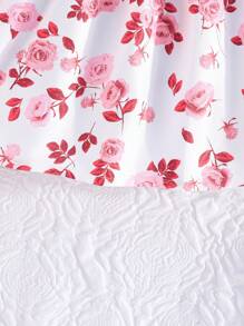 2 peças Vestido de Manga Longa com Laço Decorativo e Estampa de Listras e Rosas, Elegante para Meninas, Verão - Rosa chiclete - Visão 8