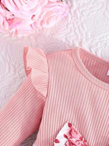 2 peças Vestido de Manga Longa com Laço Decorativo e Estampa de Listras e Rosas, Elegante para Meninas, Verão - Rosa chiclete - Visão 5