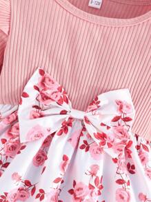 2 peças Vestido de Manga Longa com Laço Decorativo e Estampa de Listras e Rosas, Elegante para Meninas, Verão - Rosa chiclete - Visão 7