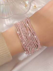 12pcs Pink Glitter Crystal Stretch Bangle Bracelets Set Y2K Style Wedding Party Bride Accessories - Pink - View 3