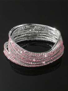 12pcs Pink Glitter Crystal Stretch Bangle Bracelets Set Y2K Style Wedding Party Bride Accessories - Pink - View 5