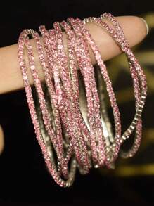 12pcs Pink Glitter Crystal Stretch Bangle Bracelets Set Y2K Style Wedding Party Bride Accessories - Pink - View 2